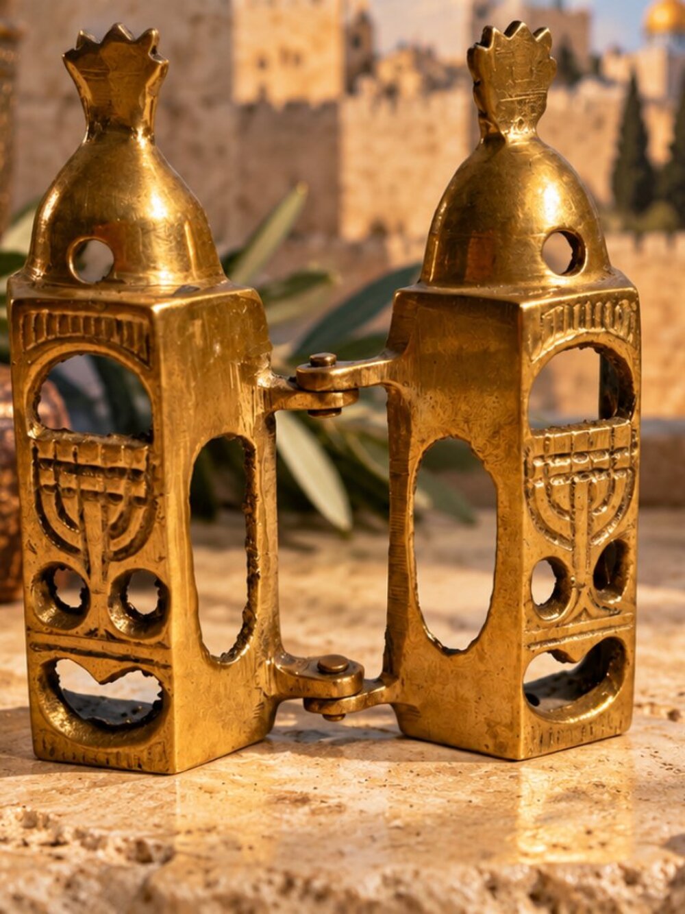 Vintage Brass Judaica Hinged Jerusalem Menorah Decorative Holder
